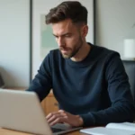 Homme consultant un navigateur web sur un ordinateur portable depuis un bureau minimaliste pour accéder à une plateforme en ligne
