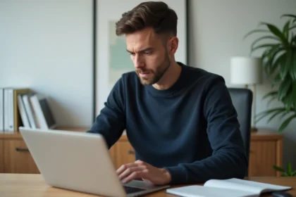 Homme consultant un navigateur web sur un ordinateur portable depuis un bureau minimaliste pour accéder à une plateforme en ligne