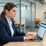 Femme professionnelle configurant son accès webmail sur un ordinateur portable lors de sa prise de poste dans un bureau moderne