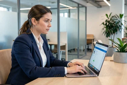 Femme professionnelle configurant son accès webmail sur un ordinateur portable lors de sa prise de poste dans un bureau moderne