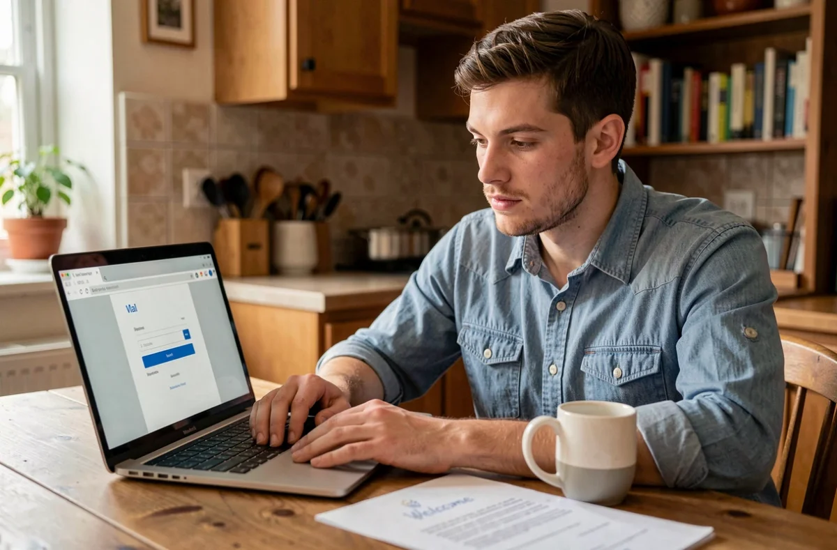 Jeune employé en télétravail accédant à son webmail depuis son domicile lors d'une intégration à distance pour un nouveau poste