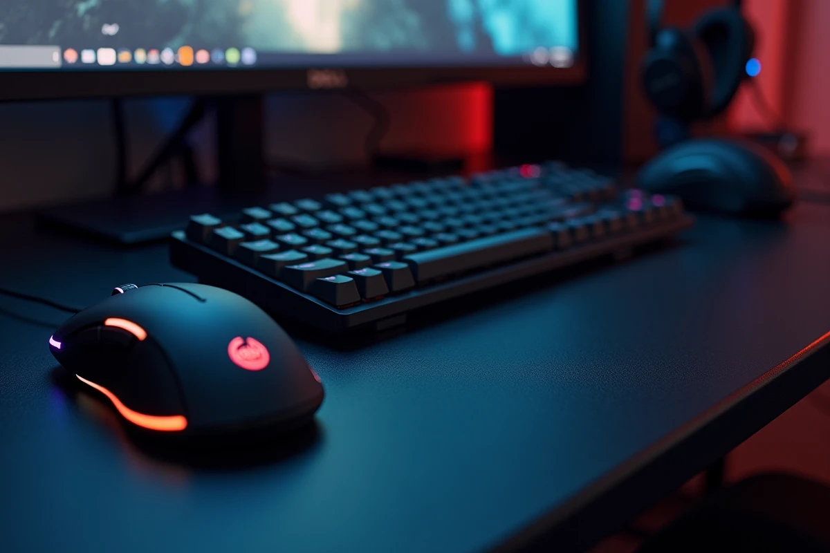 Accessoires gaming Dell disposés en flat-lay sur un bureau sombre, incluant souris, clavier mécanique et casque
