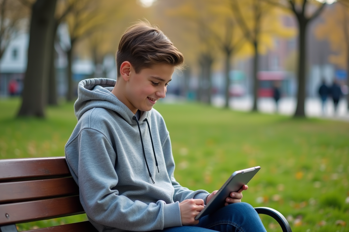 Adolescent souriant utilisant une tablette dans un parc urbain