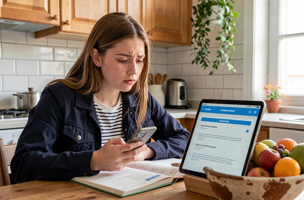 Adolescente consultant la page de récupération de compte Cyclades sur une tablette dans une cuisine familiale
