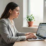Femme enseignante regardant son adresse mail académique de Versailles sur un ordinateur portable dans un bureau à domicile