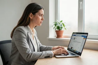 Femme enseignante regardant son adresse mail académique de Versailles sur un ordinateur portable dans un bureau à domicile