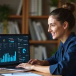 Femme entrepreneur analysant les statistiques de tunnels de vente sur son ordinateur portable dans un bureau à domicile