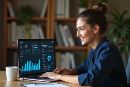 Femme entrepreneur analysant les statistiques de tunnels de vente sur son ordinateur portable dans un bureau à domicile