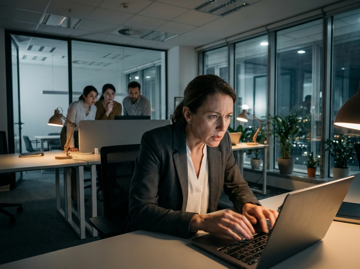 Analyste en cybersécurité en situation de crise informatique dans un bureau moderne en pleine nuit
