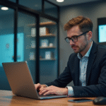 Homme d'affaires analysant des données réseau en bureau