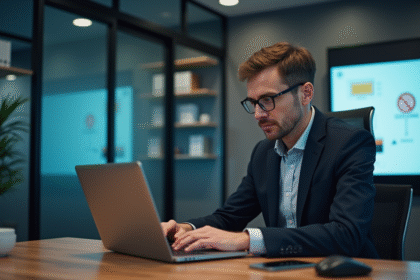 Homme d'affaires analysant des données réseau en bureau