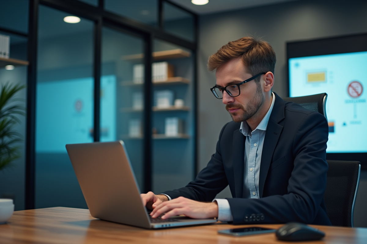 Homme d'affaires analysant des données réseau en bureau