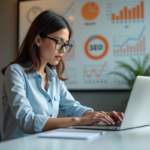 Femme analysant des données web sur un ordinateur dans un bureau moderne