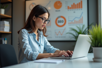 Femme analysant des données web sur un ordinateur dans un bureau moderne