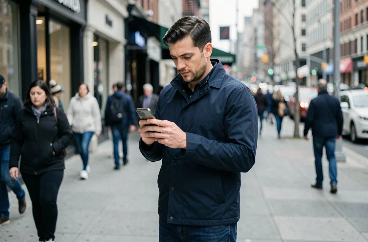 Homme consultant son téléphone dans une rue urbaine animée, symbolisant l'anonymat numérique et la confidentialité sur Snapchat