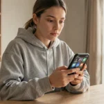Jeune femme utilisant Snapchat sur son smartphone dans un appartement moderne, illustrant l'anonymat sur les réseaux sociaux