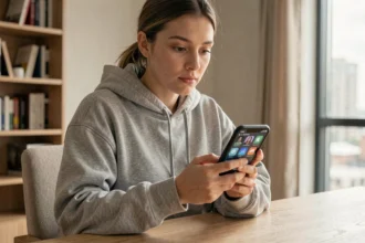 Jeune femme utilisant Snapchat sur son smartphone dans un appartement moderne, illustrant l'anonymat sur les réseaux sociaux
