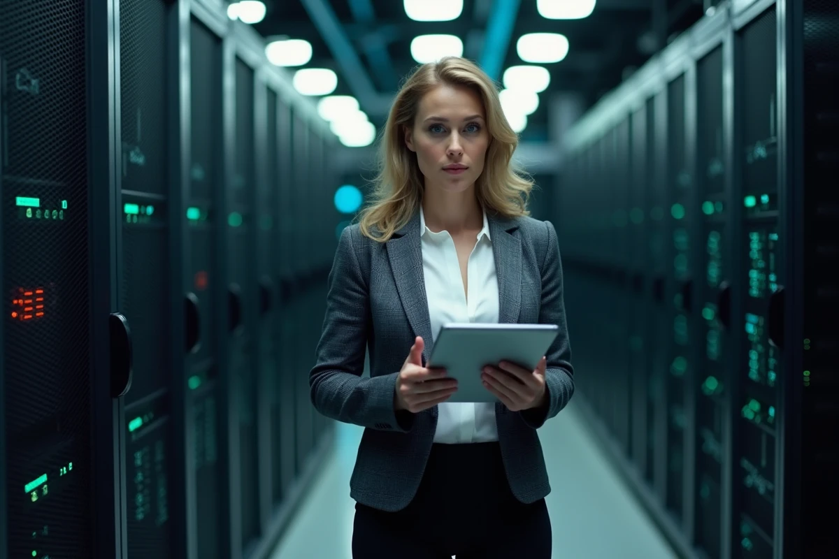Architecte DevOps féminine analysant des métriques de migration cloud Go dans une salle de serveurs professionnelle