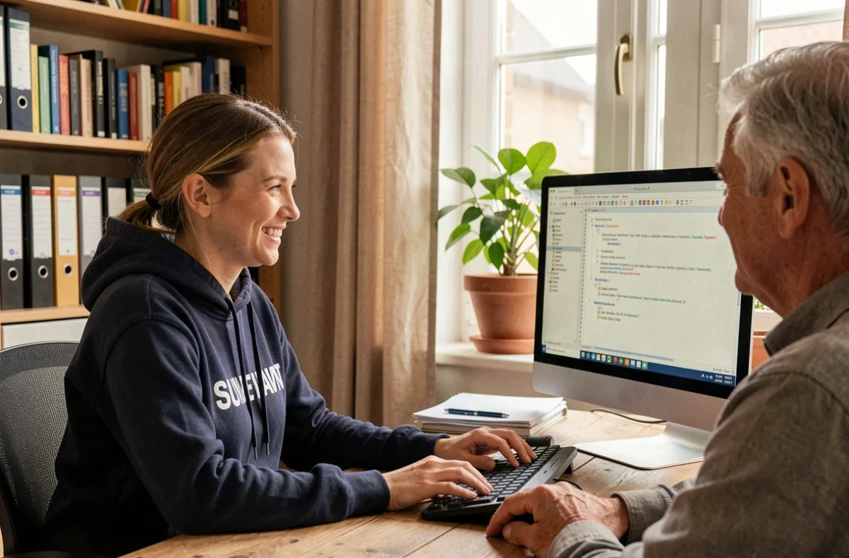 Technicienne d'Assistance Informatique Pour Particuliers aidant un client à domicile devant son ordinateur à Tours