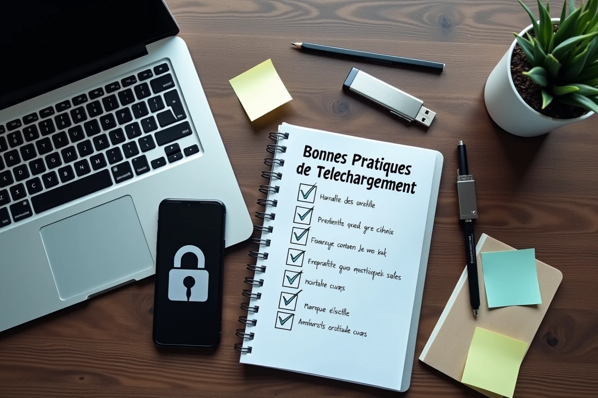 Vue aérienne d'un bureau avec un ordinateur portable, un smartphone affichant une icône de sécurité, une liste de bonnes pratiques de téléchargement annotée et une clé USB