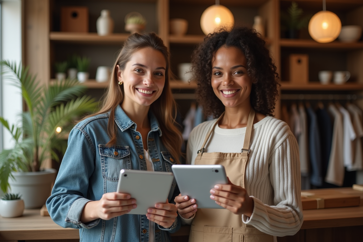 Deux vendeurs dans une boutique avec tablettes montrant Shopify et Wix