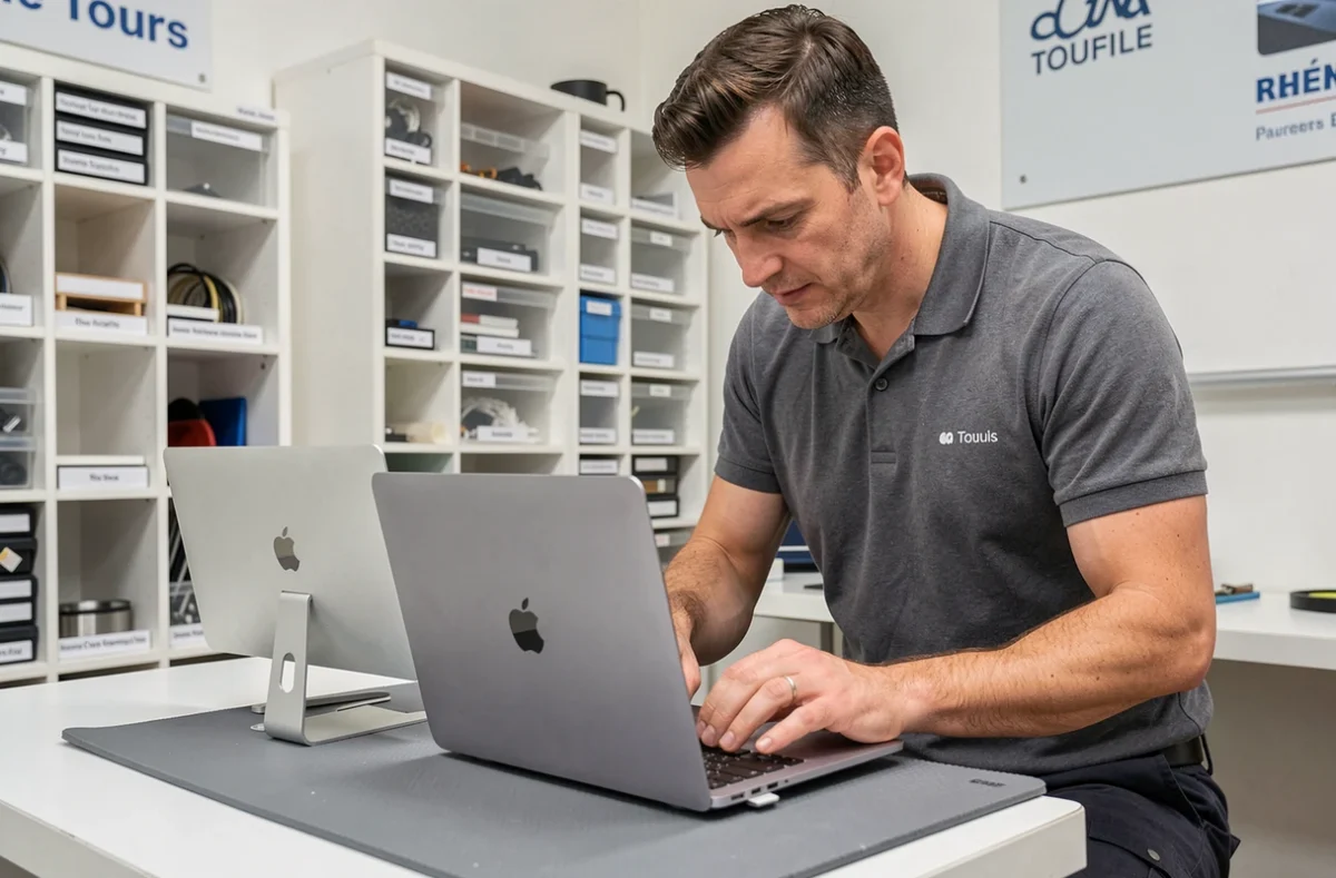 Technicien de Briault Informatique réparant un MacBook Pro dans son atelier spécialisé Apple et PC à Tours