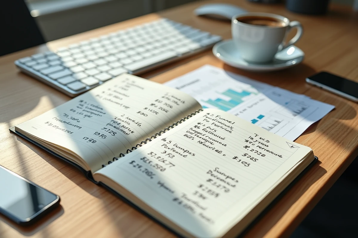 Vue aérienne d'un bureau avec notes manuscrites, smartphone et feuille de calcul illustrant un bilan de tunnels de vente en ligne