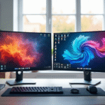 Bureau moderne avec deux moniteurs en home office lumineux