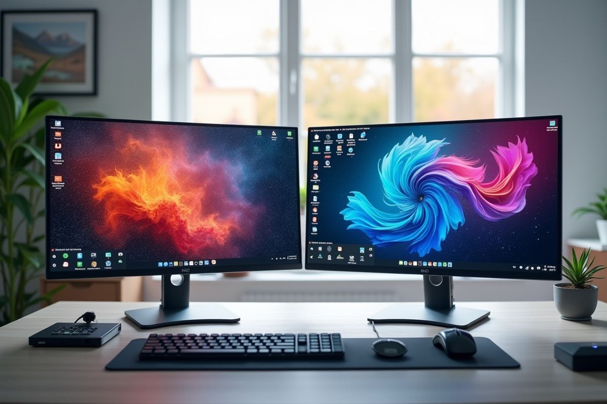 Bureau moderne avec deux moniteurs en home office lumineux