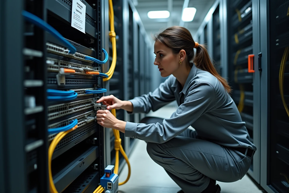 Technicienne réalisant le câblage RJ45 sur un panneau de brassage mural dans une salle serveur avec guide de câblage T568B