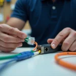 Technicien câblant un connecteur RJ45 selon le standard T568B avec une pince à sertir sur un établi de réseau professionnel