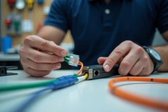 Technicien câblant un connecteur RJ45 selon le standard T568B avec une pince à sertir sur un établi de réseau professionnel