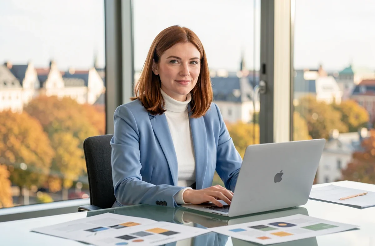 Claire J., développeuse freelance, dans son bureau lumineux avec vue sur le paysage urbain du Grand Est