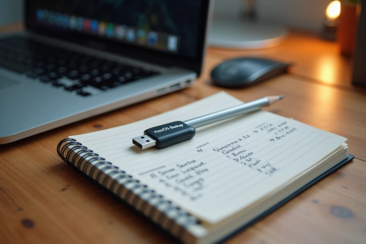 Clé USB étiquetée sauvegarde macOS posée sur un bureau avec un carnet de notes listant les étapes avant réinstallation