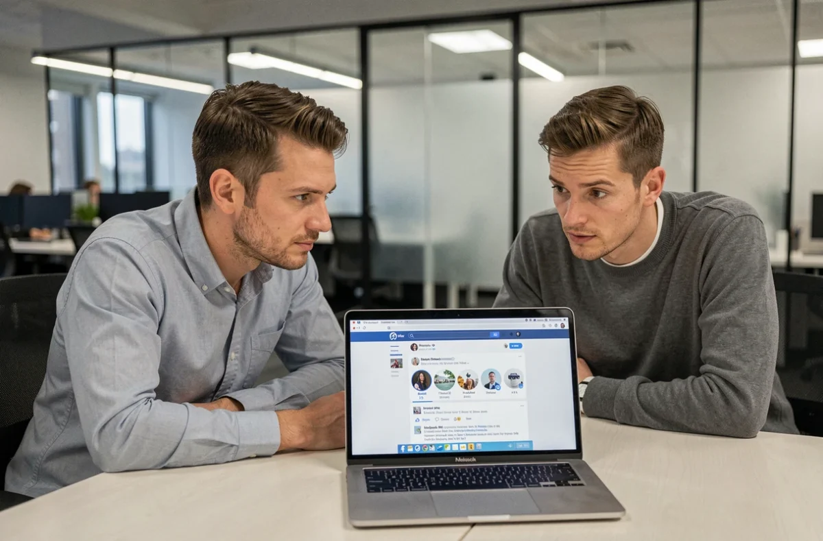 Deux collègues examinant un compte Instagram public et ses limites de confidentialité en milieu professionnel