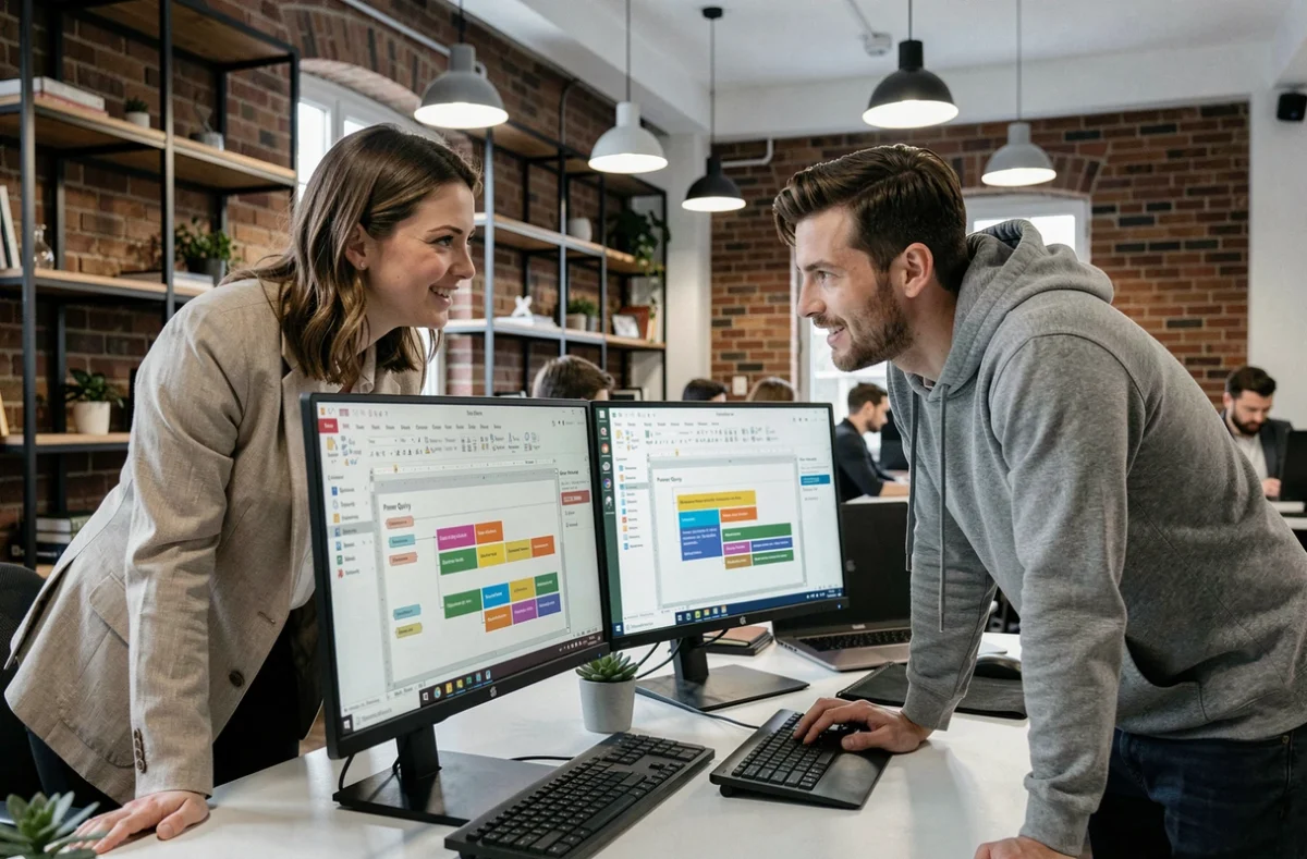 Deux collègues collaborant sur Excel et Power Query pour identifier et supprimer automatiquement les doublons dans un espace de coworking