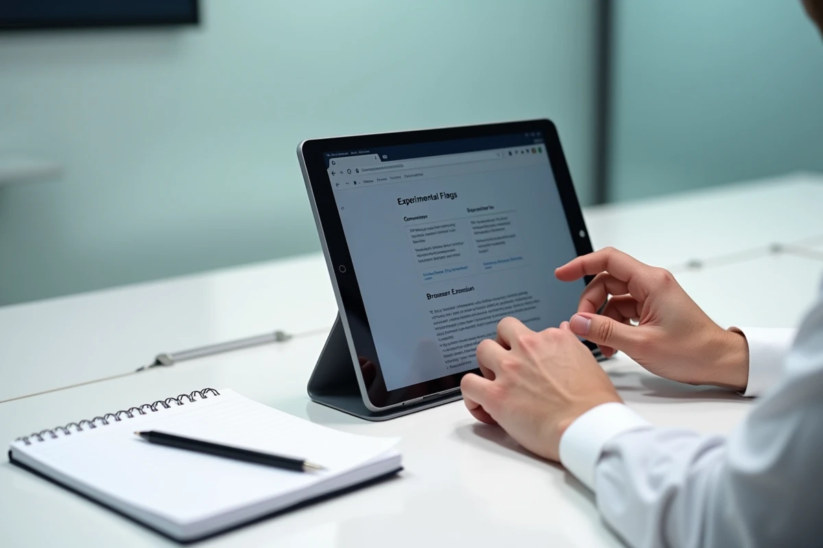 Mains comparant les réglages chrome://flags et les extensions Chrome sur une tablette en environnement professionnel
