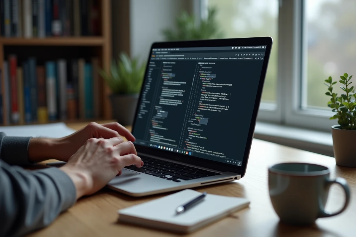 Mains de développeur comparant une mise en page flex responsive bureau et mobile sur un ordinateur portable avec des notes CSS manuscrites