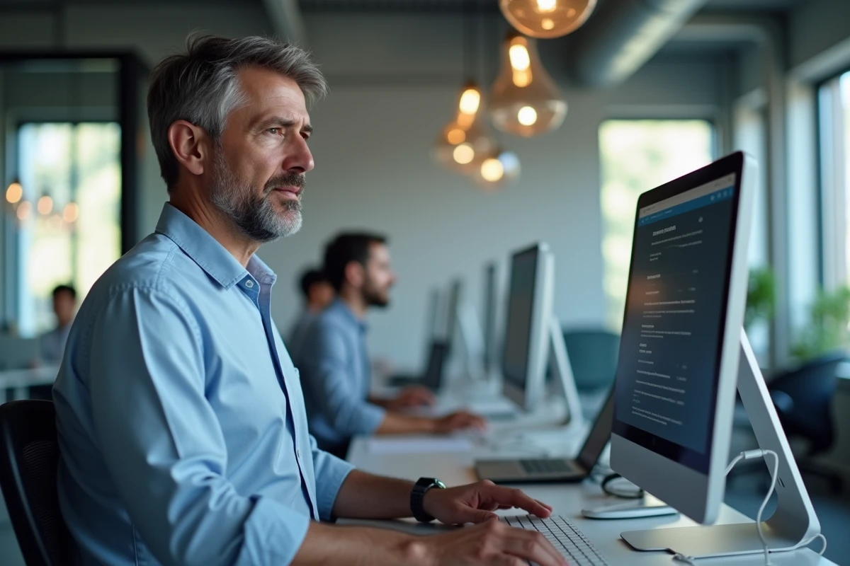 Professionnel configurant un accès alternatif à un site web sur un ordinateur de bureau dans un open space moderne