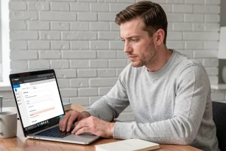 Homme configurant un compte email laposte.net sur un client de messagerie Outlook depuis son bureau à domicile