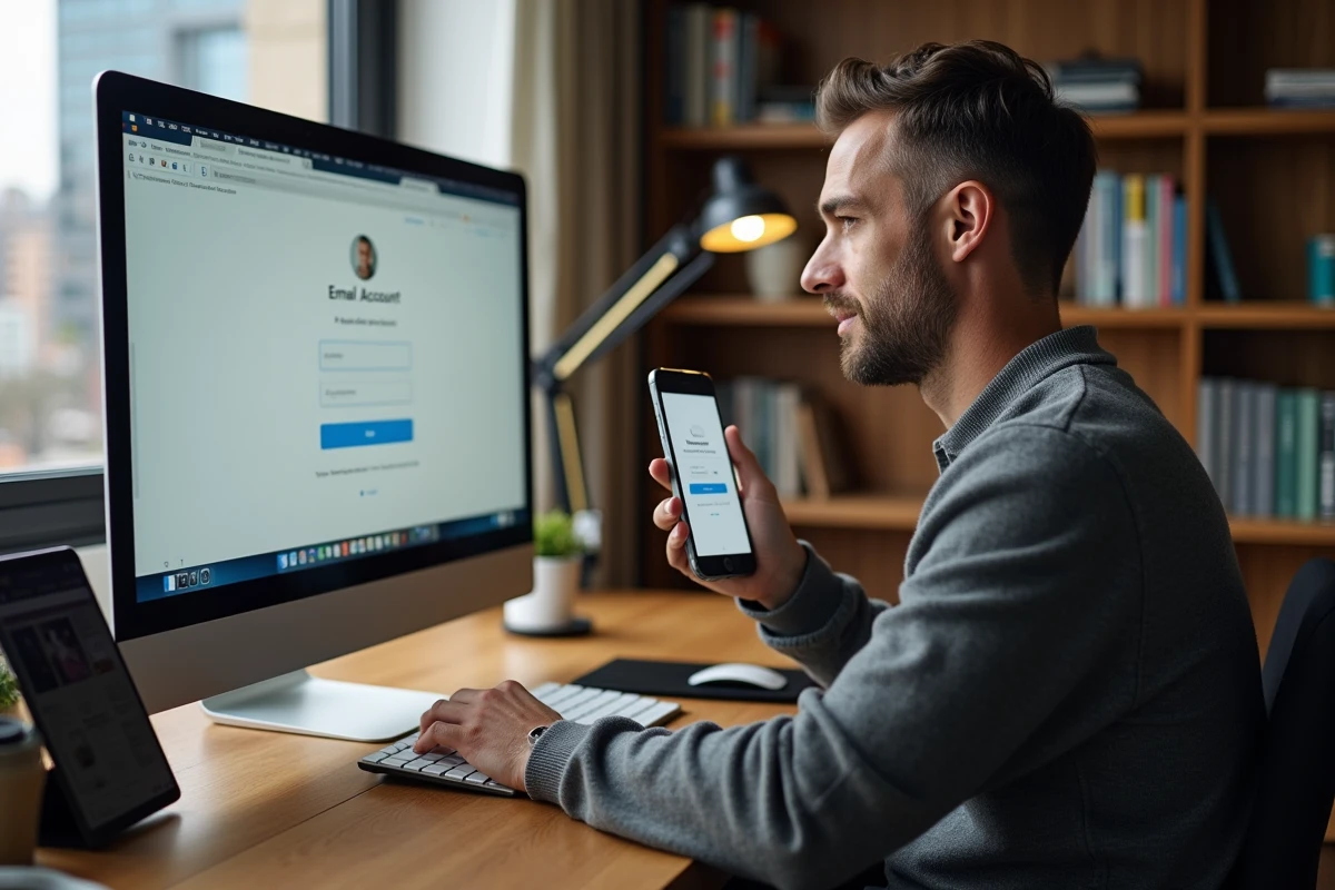 Homme configurant un compte email professionnel sur un ordinateur de bureau à domicile avec son smartphone