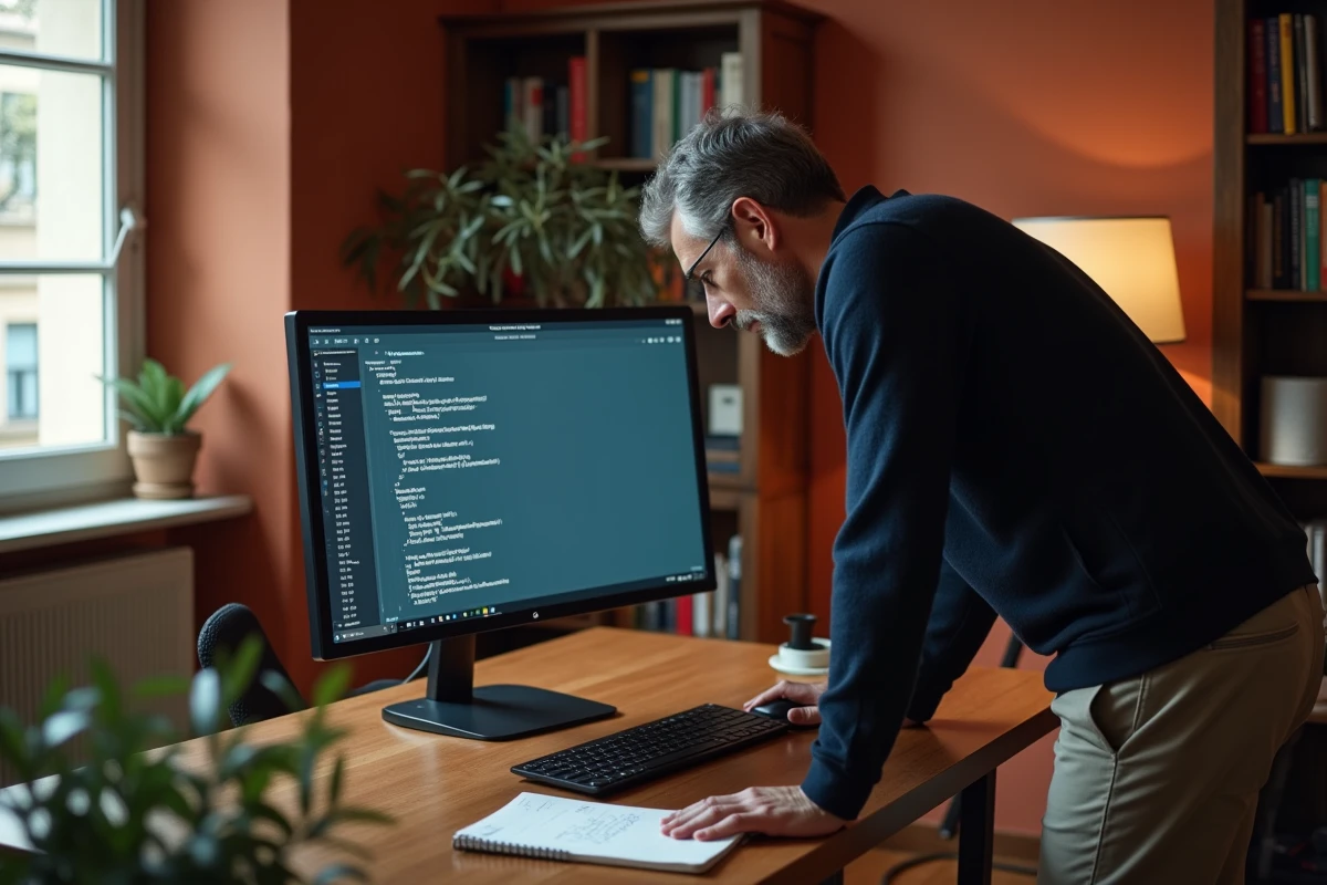 Homme paramétrant les serveurs IMAP et SMTP du webmail Convergence Bordeaux depuis un bureau à domicile
