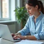 Femme configurant une messagerie professionnelle sur un ordinateur portable dans un bureau moderne