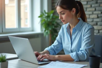 Femme configurant une messagerie professionnelle sur un ordinateur portable dans un bureau moderne