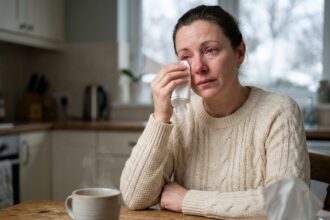Femme adulte avec une conjonctivite hivernale qui tamponne son œil rouge irrité avec un mouchoir à la maison