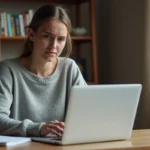 Jeune femme connectant à l'ENT e-mrs sur son ordinateur portable depuis un bureau à domicile