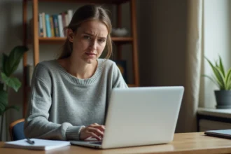 Jeune femme connectant à l'ENT e-mrs sur son ordinateur portable depuis un bureau à domicile
