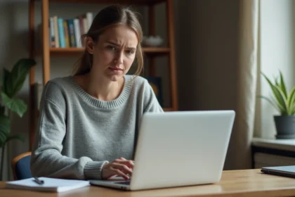 Jeune femme connectant à l'ENT e-mrs sur son ordinateur portable depuis un bureau à domicile