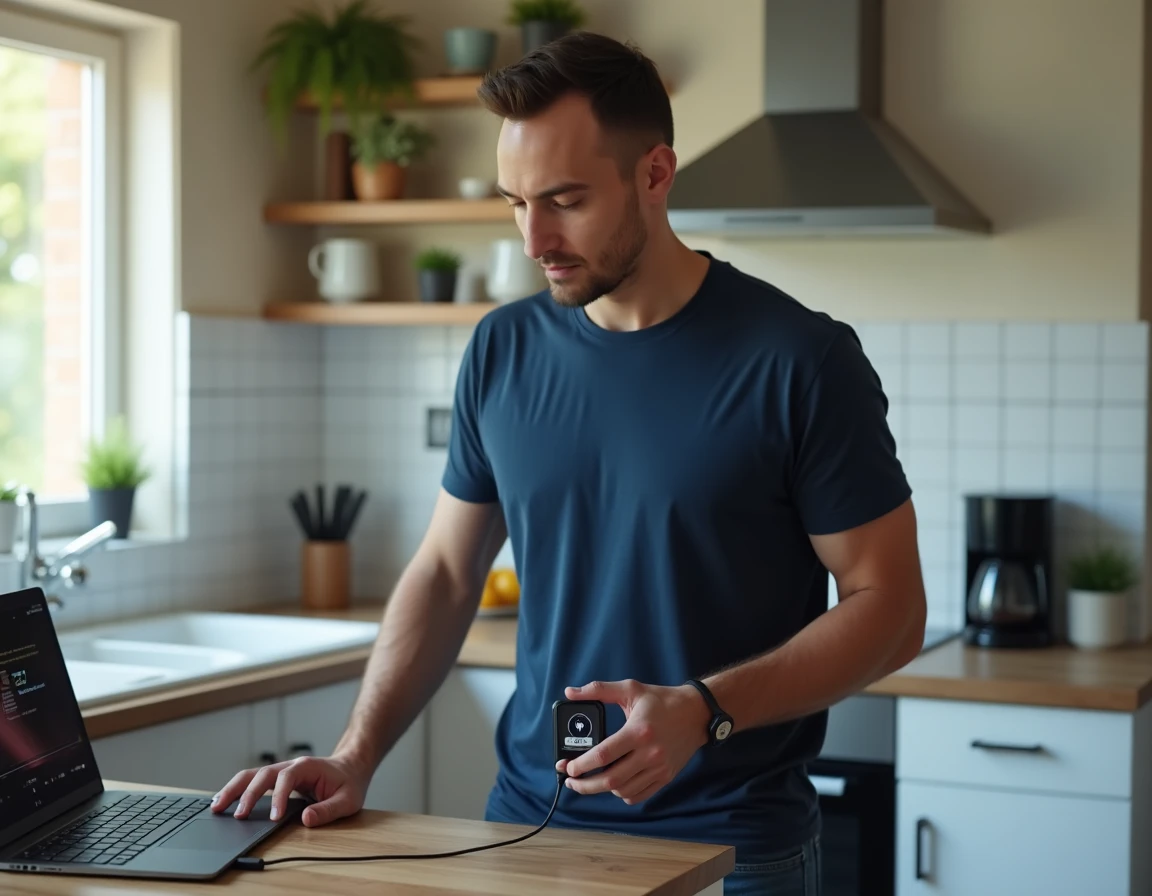Homme connectant un lecteur MP3 à un ordinateur portable pour télécharger de la musique depuis Deezer dans une cuisine