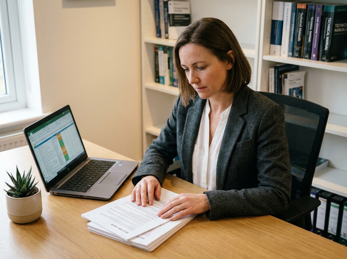Consultante en cybersécurité examinant des documents d'audit ISO 27001 et un registre des risques dans un bureau privé